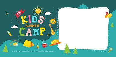 Colorful summer camp banner with cartoon kids elements forest icons and blank area for text perfect for event promotion poster or social media layout vector