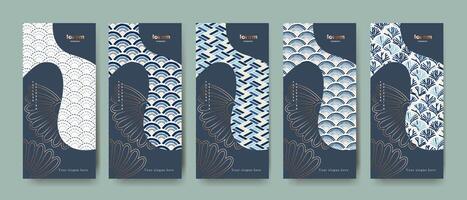 Stylized Japanese seamless patterns combining waves and abstract geometry. Perfect for packaging, wrapping, stationery, product background, and decorative use. vector