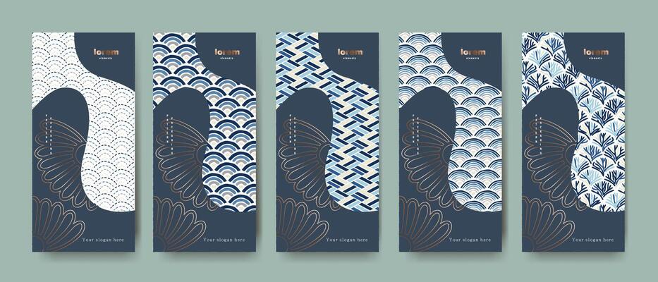 Stylized Japanese seamless patterns combining waves and abstract geometry. Perfect for packaging, wrapping, stationery, product background, and decorative use.