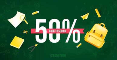 Colorful back to school sale banner with green chalkboard background and yellow backpack surrounded by school items for promotional and educational design vector
