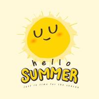Cute cartoon sun with smiling face in warm yellow tones. Ideal for summer-themed logos, headers, banners or promotional graphics for kids, events, or playful seasonal content. vector