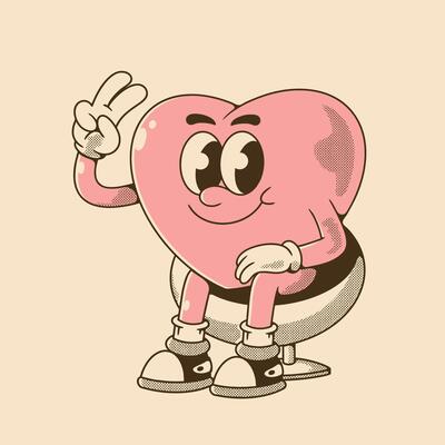 retro illustration of a heart character with a peace symbol sitting