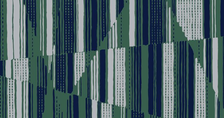 Hand drawn vertical brush lines abstract uneven stripes with textures pattern in green, gray and blue, overlapping geometric shapes background for textile, carpet, decoration