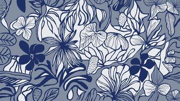 Dynamic hand drawn brush lines botanical pattern in shades of blue and white on a grey background, featuring various stylized flowers and leaves. Simple abstract natural elements for textile, carpet, vector