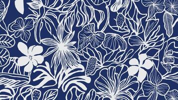 A hand drawn floral and botanical pattern in white on a deep blue background, featuring various flowers, leaves, and abstract natural elements for textile, carpet, decoration vector