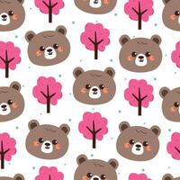 Cute bear and pink tree pattern vector