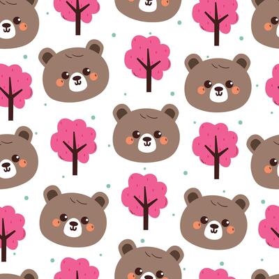 cute hand drawing cartoon bear with pink tree seamless pattern. cute animal pattern in white background for gift wrap paper and wallpaper