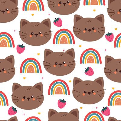 cute hand drawing cartoon cat with rainbow and strawberry seamless pattern. cute animal pattern in white background for gift wrap paper and wallpaper
