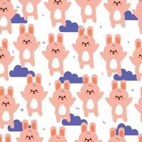 cute hand drawing cartoon bunny with blue clouds seamless pattern. cute animal pattern in white background for gift wrap paper and wallpaper vector