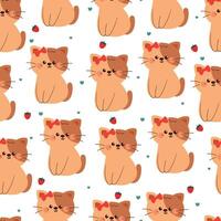 cute hand drawing cartoon cat wearing red bow pin and strawberry seamless pattern. cute animal pattern in white background for gift wrap paper and wallpaper vector