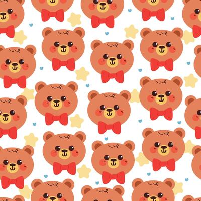 cute hand drawing cartoon bear wearing bow tie with flowers seamless pattern. cute animal pattern in white background for gift wrap paper and wallpaper