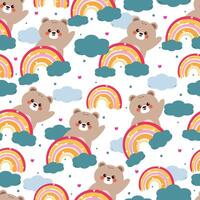 cute hand drawing cartoon bear with rainbow and clouds seamless pattern. cute animal pattern in white background for gift wrap paper and wallpaper vector