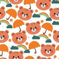 Cute bear pattern with umbrellas and rainbows vector