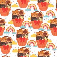 cute hand drawing cartoon cats inside a flower basket with sky element seamless pattern. cute animal pattern in white background for gift wrap paper and wallpaper vector