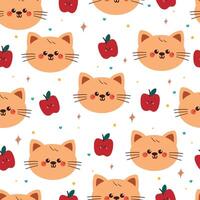 cute hand drawing cartoon cat with red apple character seamless pattern. cute animal pattern in white background for gift wrap paper and wallpaper vector