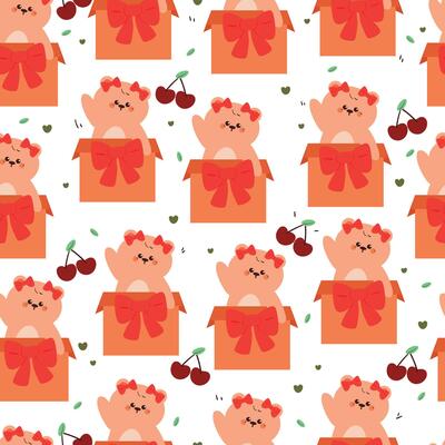 cute hand drawing cartoon bear inside gift box with cherry and hearts seamless pattern. cute animal pattern in white background for gift wrap paper and wallpaper