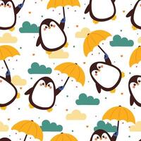 cute hand drawing cartoon penguin with yellow umbrella and blue clouds seamless pattern. cute animal pattern in white background for gift wrap paper and wallpaper vector