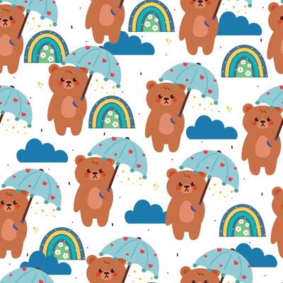 cute hand drawing cartoon bear with blue umbrella and blue sky element seamless pattern. cute animal pattern in white background for gift wrap paper and wallpaper