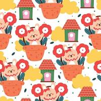 cute hand drawing cartoon bunny inside a flower basket with house and plant seamless pattern. cute animal pattern in white background for gift wrap paper and wallpaper vector