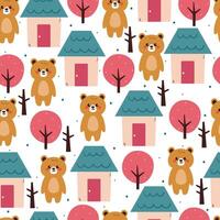 cute hand drawing cartoon bear with house and tree seamless pattern. cute animal pattern in white background for gift wrap paper and wallpaper vector