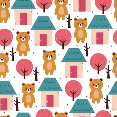 cute hand drawing cartoon bear with house and tree seamless pattern. cute animal pattern in white background for gift wrap paper and wallpaper