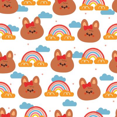 cute hand drawing cartoon bunny with blue clouds and rainbow seamless pattern. cute animal pattern in white background for gift wrap paper and wallpaper