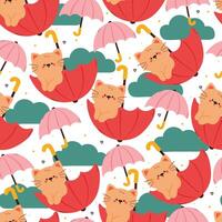 cute hand drawing cartoon cats behind umbrella with sky element seamless pattern. cute animal pattern in white background for gift wrap paper and wallpaper vector