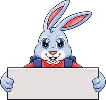 cartoon character rabbit with bag on his shoulder holding blank board vector