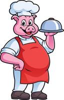 friendly pig cartoon character wearing a chef's uniform and carrying food in his hands vector