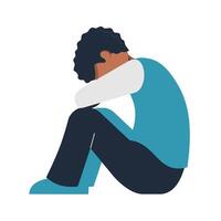 sad and insecure african man flat design illustration. sit on the floor and hugging her knees. mental pressure concept vector
