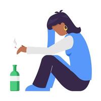 Sad african woman sit on the floor with smooking and drinking wine. Social issue, Alcohol Addiction. Booze concept. flat cartoon style. vector