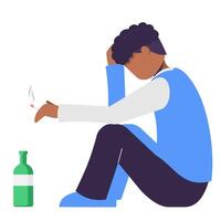Sad african man sit on the floor with smooking and drinking wine. Social issue, Alcohol Addiction. Booze concept. flat cartoon style. vector