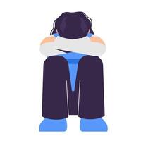 sad and insecure woman flat design illustration. sit on the floor and hugging her knees. front view, mental pressure concept vector
