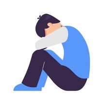 sad and insecure man flat design illustration. sit on the floor and hugging her knees. mental pressure concept vector