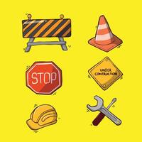 Construction Site Tools and Warning Signs Icon Set Illustration vector