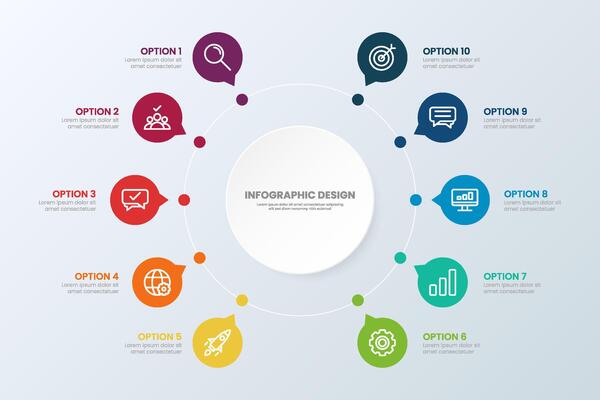 Circle chart infographic template with 10 options for presentations