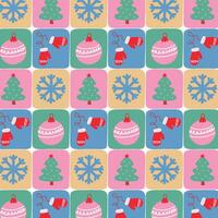 Christmas and New Year pattern of festive squares with tree, snowflake, mitten, and ornament for holiday season. vector