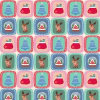 Christmas retro background in patchwork style with deer, bell, snow globe and Santa's sack icons. vector