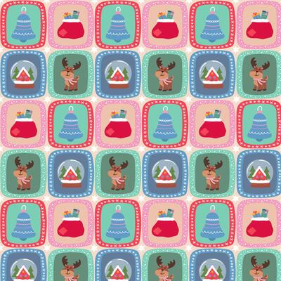 Christmas retro background in patchwork style with deer, bell, snow globe and Santa's sack icons.