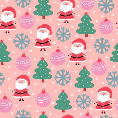 Cute Santa Claus, Christmas tree and ornament seamless pattern on pink background. Holiday season decorative design for gift wrapping.