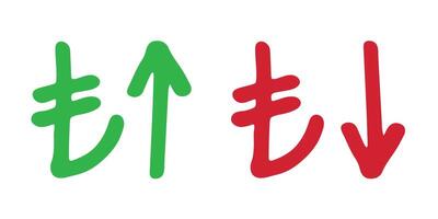 Hand drawn turkish lira currency symbol Growth and fall profit with arrow up and down Brush stroke doodle Red and green Element for design vector