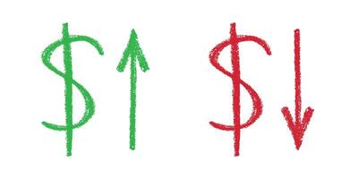 Hand drawn dollar currency symbol Growth and fall profit with arrow up and down Brush stroke doodle Element for design Green and red vector