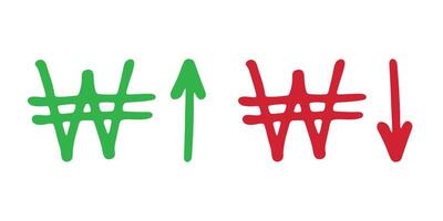 Hand drawn won currency symbol Growth and fall profit with arrow up and down Brush stroke doodle Element for design Red and green vector
