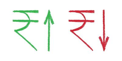 Hand drawn rupee currency symbol Growth and fall profit with arrow up and down Brush stroke doodle Element for design Green and red vector