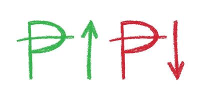 Green and red Hand drawn peseta currency symbol Growth and fall profit with arrow up and down Brush stroke doodle Element for design vector