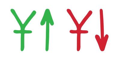 Element for design Hand drawn chinese yuan currency symbol Growth and fall profit with arrow up and down Red and green Brush stroke doodle vector
