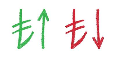 Hand drawn turkish lira currency symbol Green and red Growth and fall profit with arrow up and down Brush stroke doodle Element for design vector