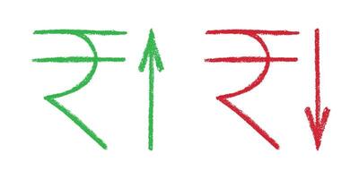 Hand drawn rupee currency symbol Growth and fall profit with arrow up and down Brush stroke doodle Green and red Element for design vector