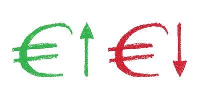 Hand drawn euro currency symbol Green and red Growth and fall profit with arrow up and down Brush stroke doodle Element for design vector