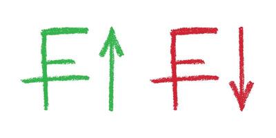 Hand drawn swiss franc currency symbol Green and red Growth and fall profit with arrow up and down Brush stroke doodle Element for design vector